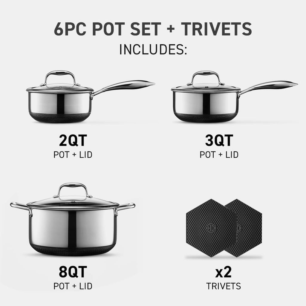 HexClad Hybrid Nonstick 6 Pc Pot Set & Trivets, 2, 3, and 8-Qt Pots & Lids