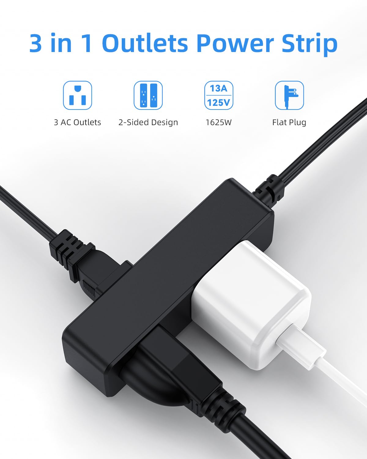 Flat Plug Extension Cord with 3 Outlets - 6Ft Low Profile Indoor 3 Prong Grounded Power Strip for Home Office & Travel - 16 AWG 13A/1625W, Black