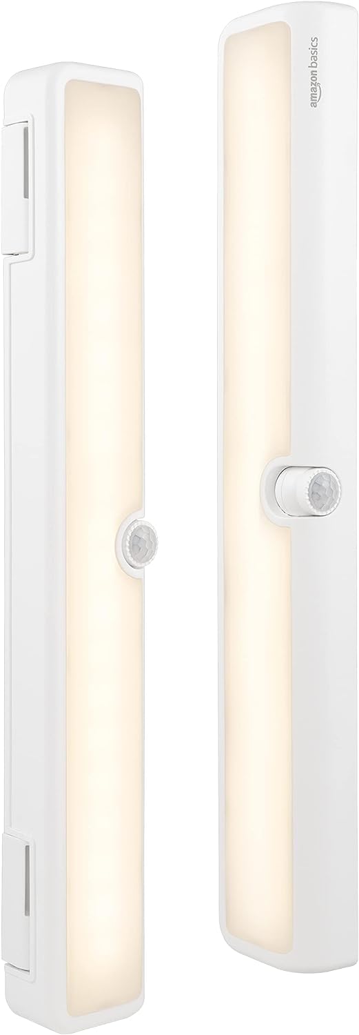 Amazon Basics LED Motion Sensor Light Bar, USB/Battery Operated, 250 Lumens, 12 Inches, Swivel, Under Cabinet Lighting for Closet, Kitchen, 2-Pack, White