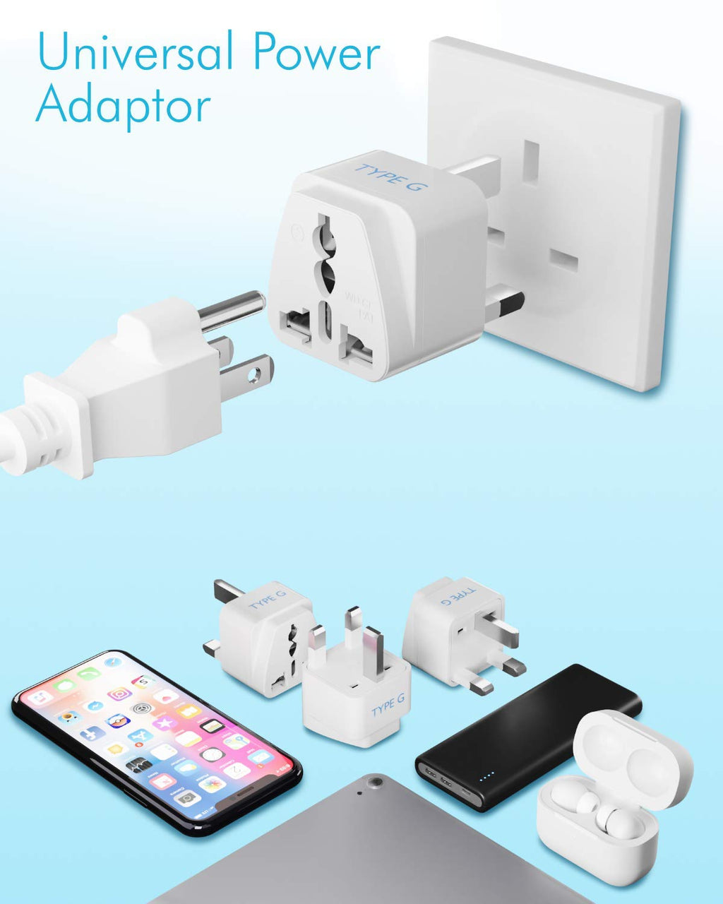 Ceptics 2 in 1 UK Adapters for Travel, Dual USA Input, Grounded, Pack of 3