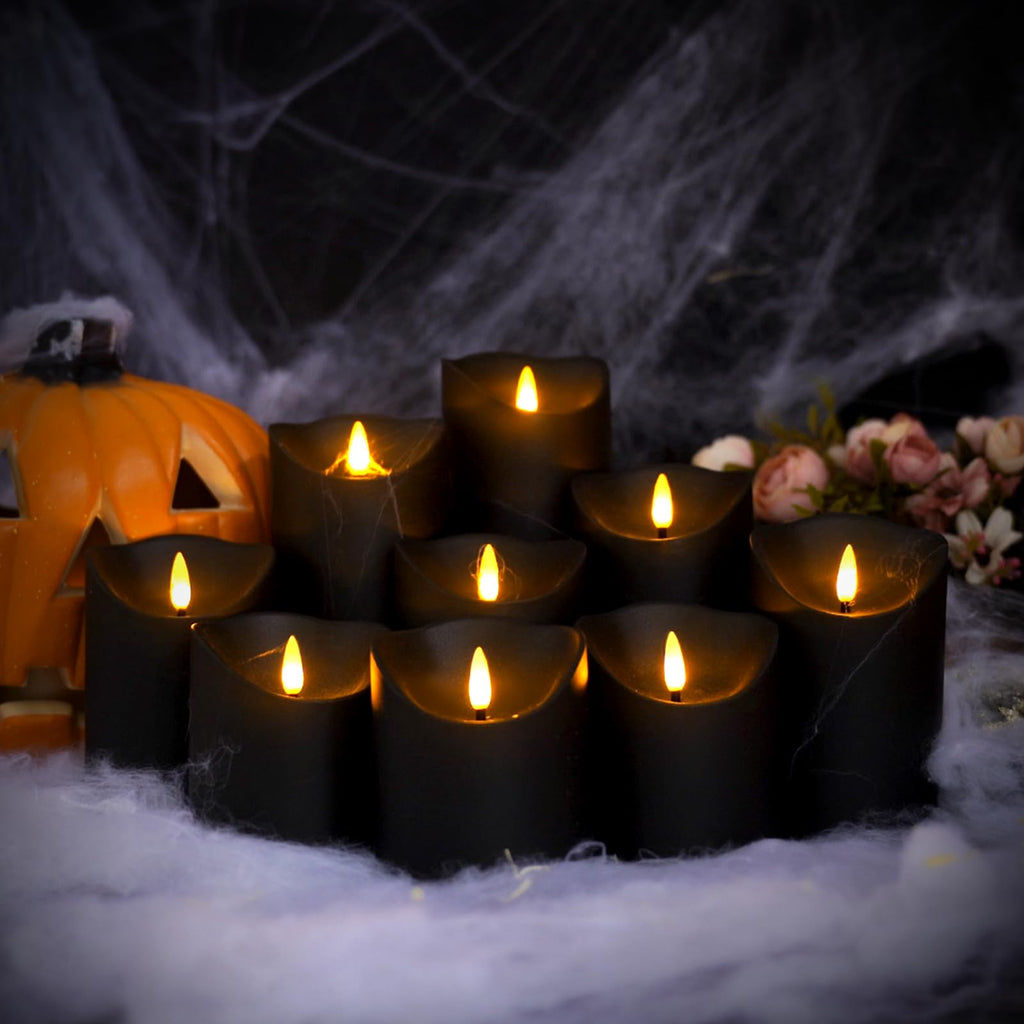 Nimiko Flameless Candles with Remote, Battery Operated Flickering Flameless Candles, LED Candles with Timer 2/4/6/8H, Realistic Drop Wax flameless Candle Set of 9 (D3 x H 3" 4" 5" 6" 7") (Black)