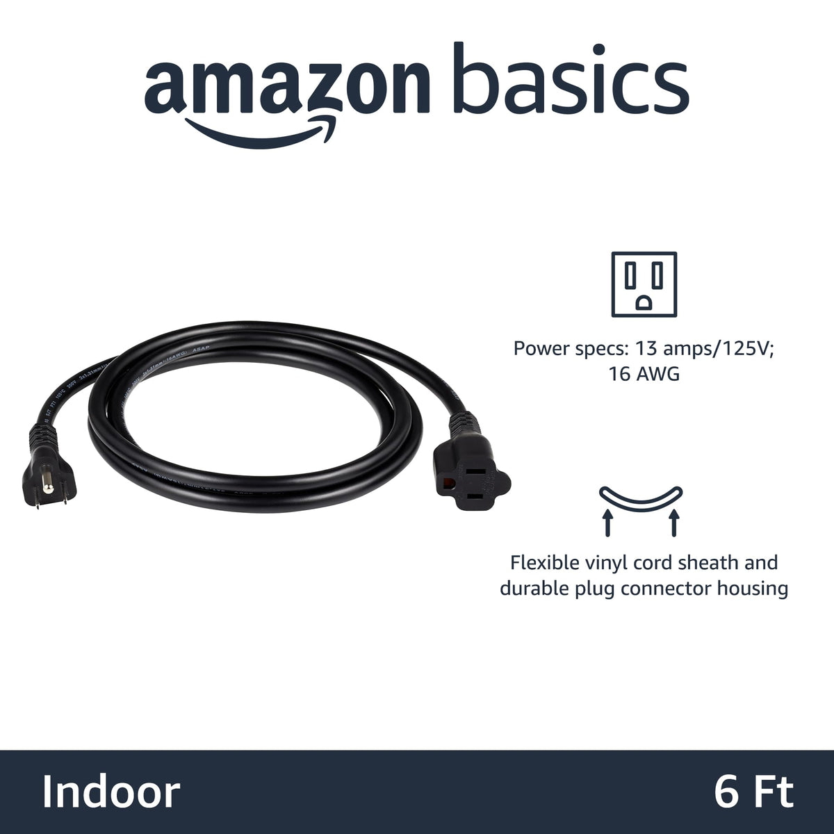 Amazon Basics Extension Cord, 3 Prong Outlet Extender, Indoor Power Cord, 13 Amps, 125V, 6 Ft, Black