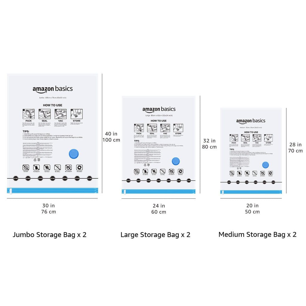 Amazon Basics Vacuum Storage Bags for Clothes, Space Saving Compression Storage Bags with Hand Pump, Heavy Duty, Stackable, Jumbo Size, Clear, 6-Pack