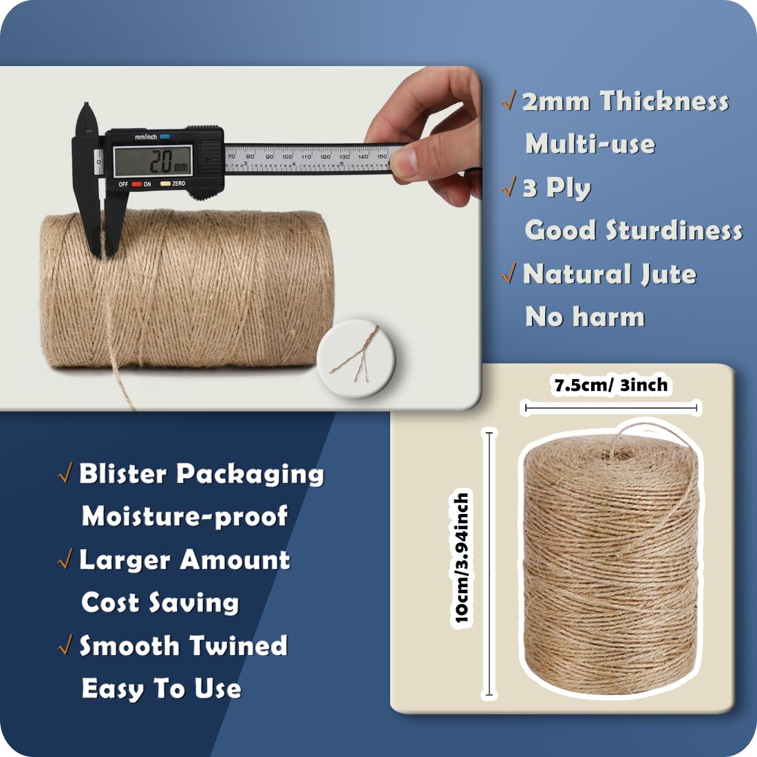 PerkHomy 1100FT Jute Twine String 2mm 3ply Natural Thin Twine for Craft Gardening Gift Wrapping Packing Material Wedding Christmas Decoration Bulk