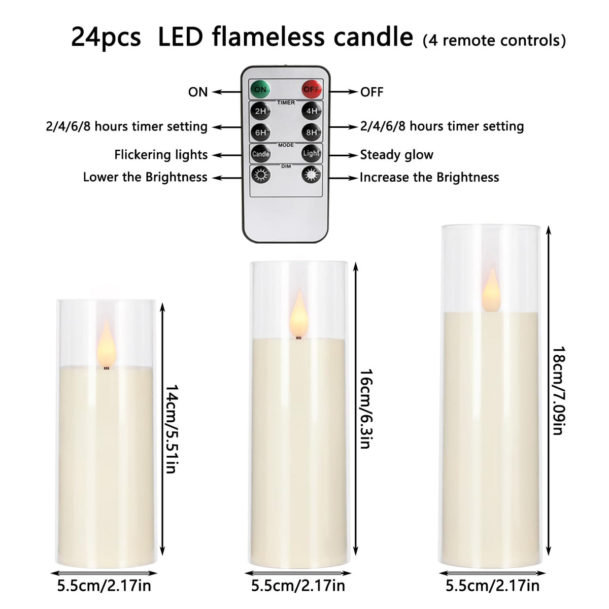 YOROXRG Set of 24 Waterproof Outdoor Flameless Candles, LED Candles with 4 Remote and Timer,(H 4" 5" 6" x D 2.2"),for Christmas,Halloween,Wedding,Festival