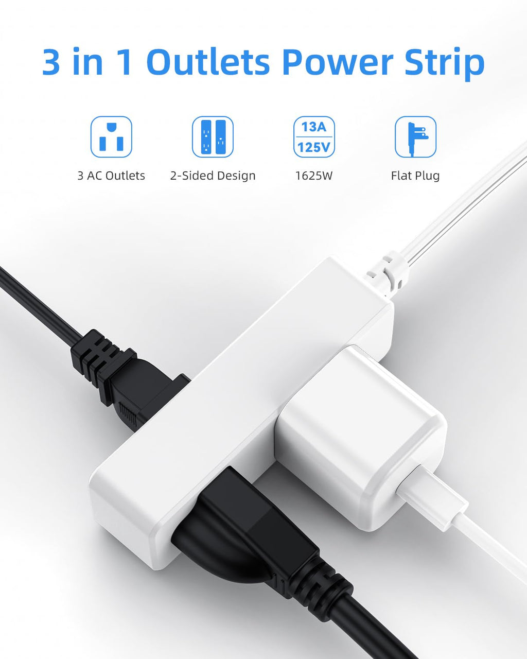 Flat Plug Extension Cord with 3 Outlets - 6Ft Low Profile Indoor 3 Prong Grounded Power Strip for Home Office & Travel - 16 AWG 13A/1625W, Black