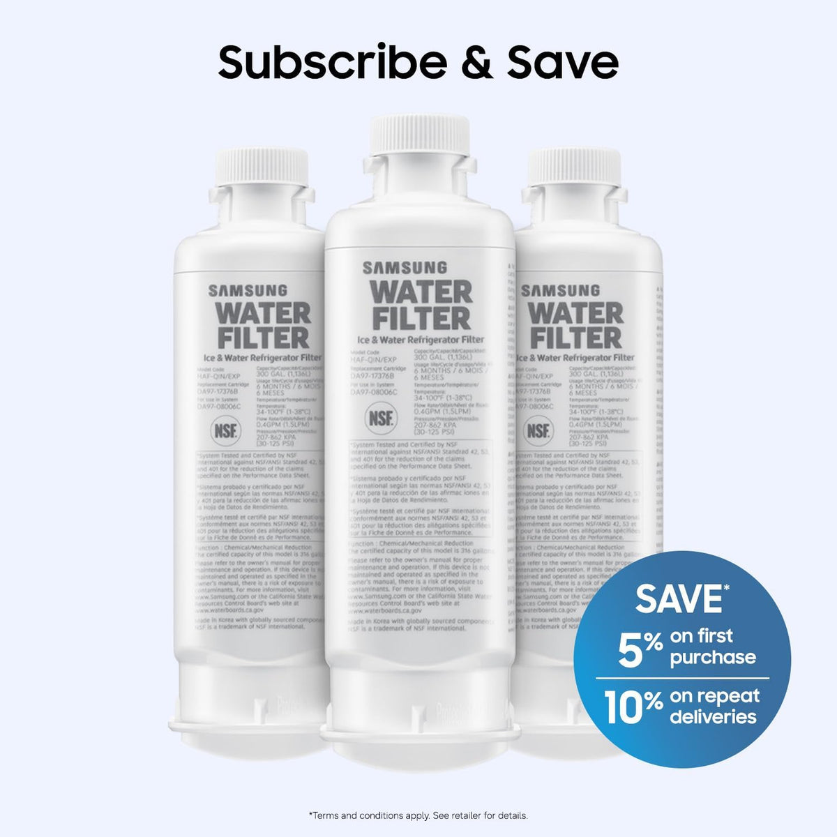 Samsung HAF-QIN/EXP Genuine Refrigerator Water Filter, Reduces 99% of Harmful Contaminants for Clean, Clear Drinking Water, 6-Month Life, Easy Install, Pack of 1