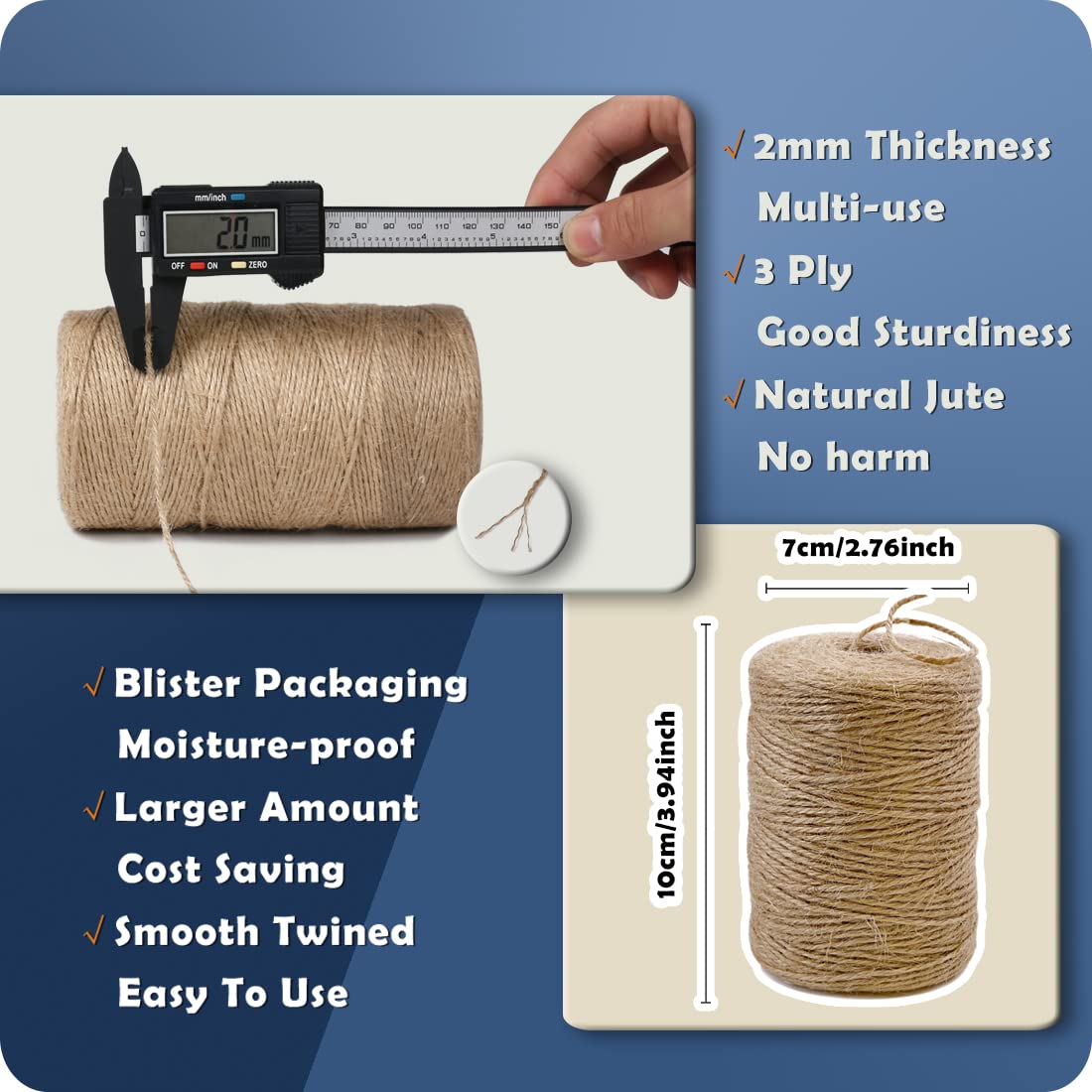 PerkHomy 1100FT Jute Twine String 2mm 3ply Natural Thin Twine for Craft Gardening Gift Wrapping Packing Material Wedding Christmas Decoration Bulk