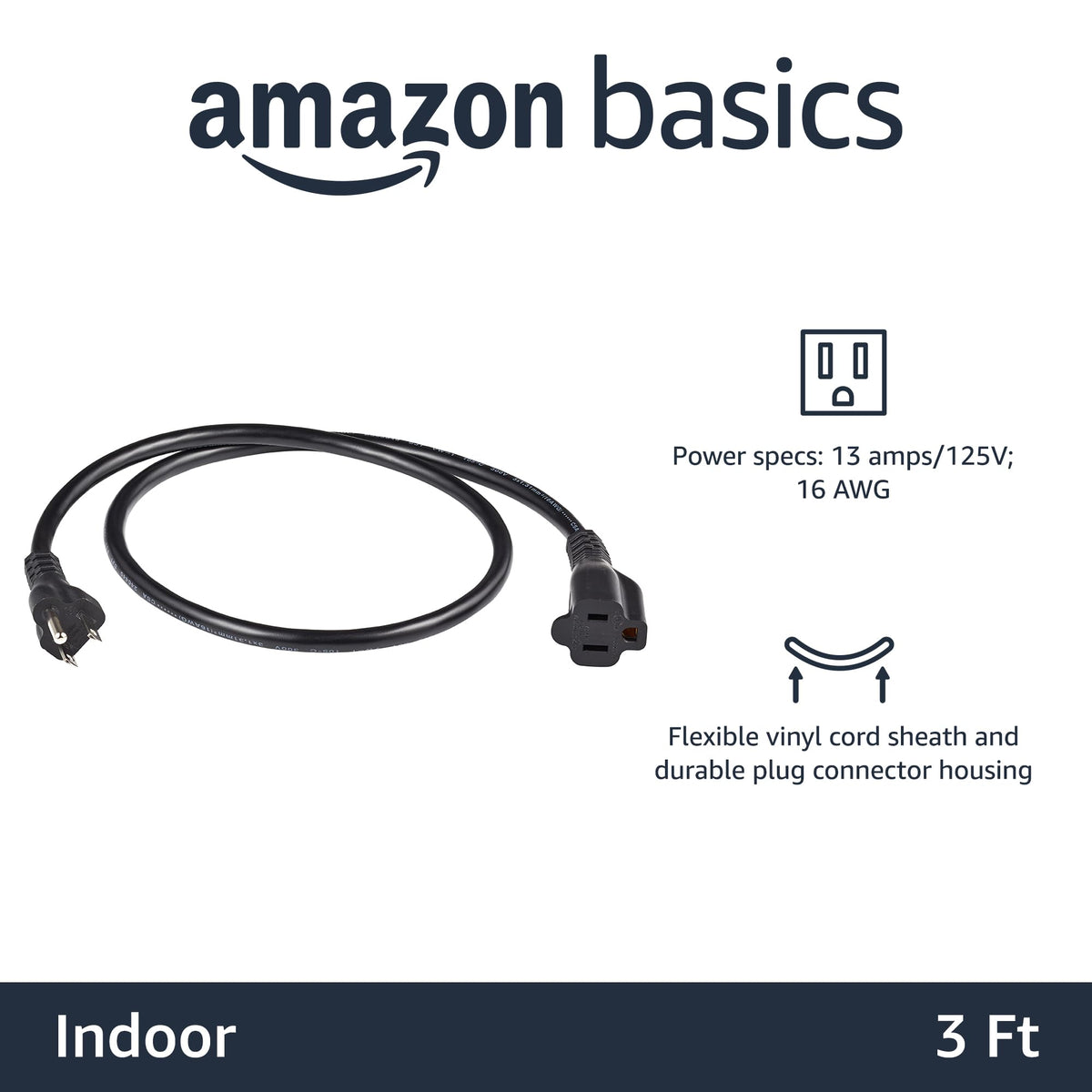 Amazon Basics Extension Cord, 3 Prong Outlet Extender, Indoor Power Cord, 13 Amps, 125V, 6 Ft, Black