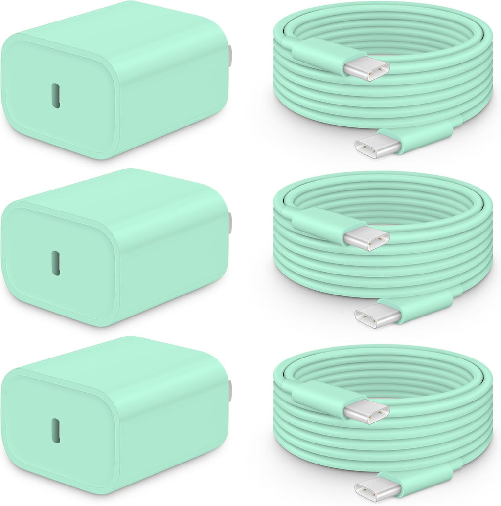 20W Fast Charger for iPhone 18/17/16/15 with 6FT Cable [3-Pack] - Green
