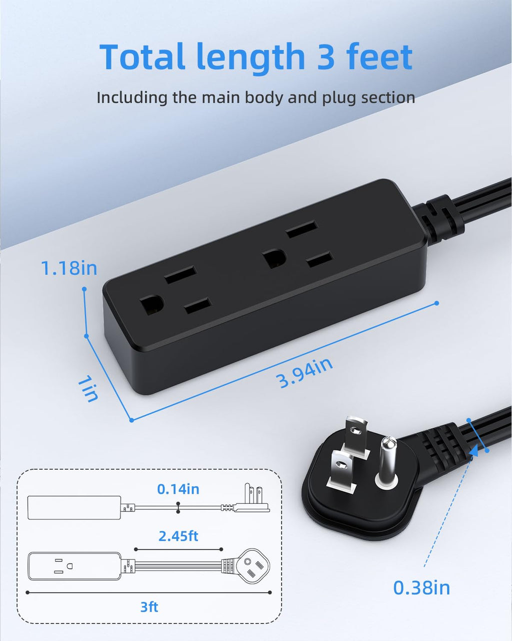 Flat Plug Extension Cord with 3 Outlets - 6Ft Low Profile Indoor 3 Prong Grounded Power Strip for Home Office & Travel - 16 AWG 13A/1625W, Black