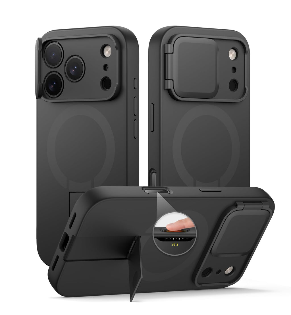SURITCH for iPhone 17 Pro Max Case with Camera Control Cover, Camera Cover and Adjustable Kickstand, Compatible with MagSafe, Shockproof Bumper Protective Cases 6.9 Inch, Black