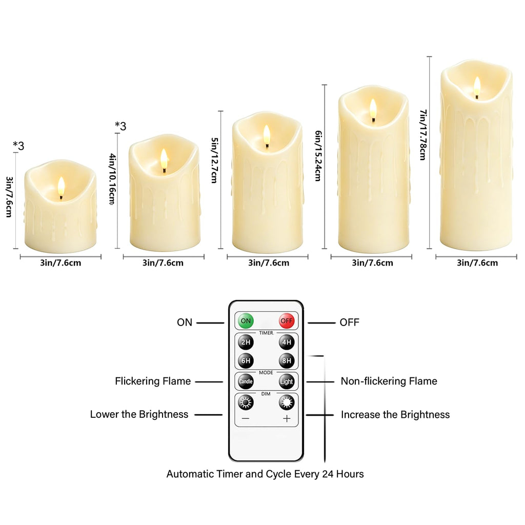 Nimiko Flameless Candles with Remote, Battery Operated Flickering Flameless Candles, LED Candles with Timer 2/4/6/8H, Realistic Drop Wax flameless Candle Set of 9 (D3 x H 3" 4" 5" 6" 7") (Black)