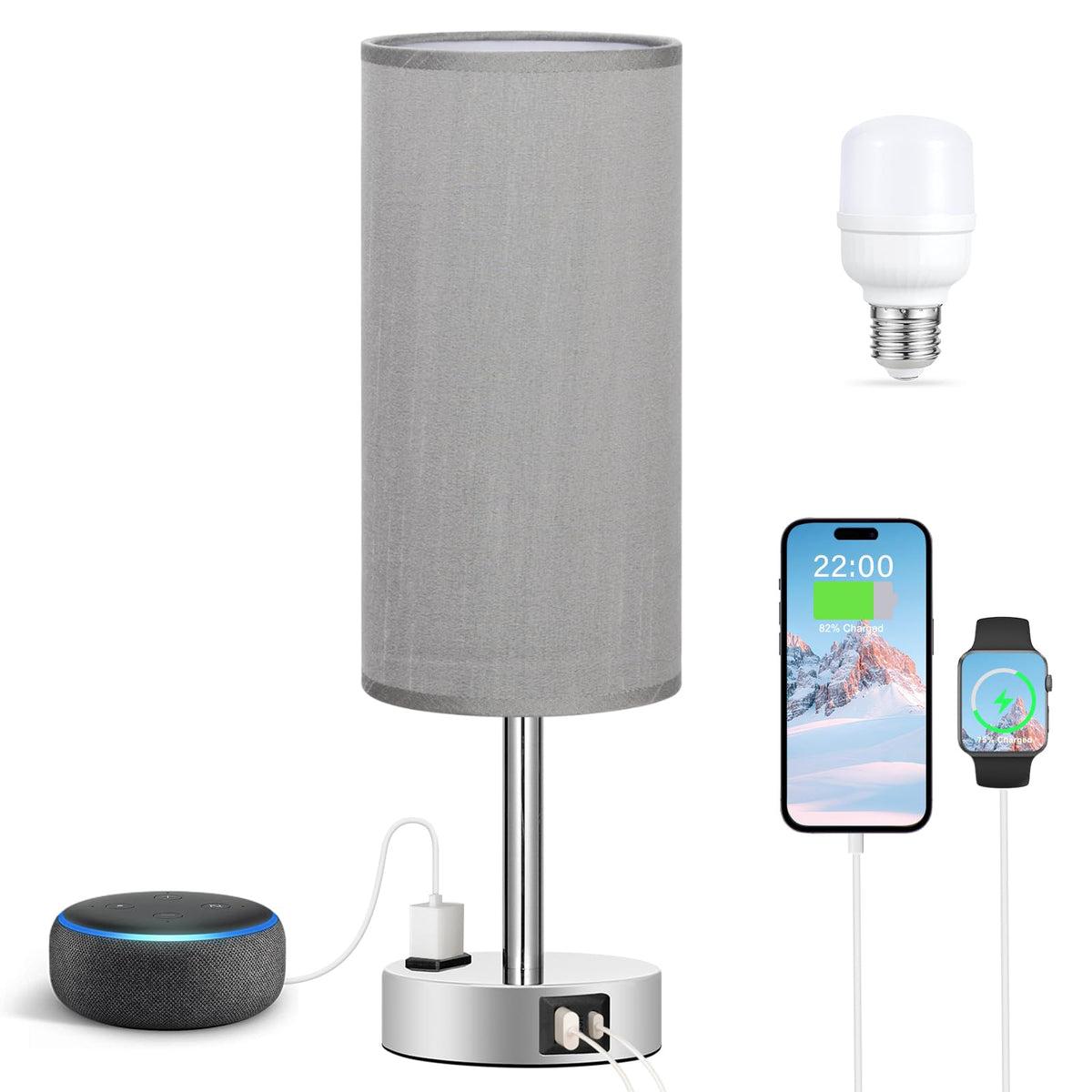 Fenmzee Bedside Table Lamp for Bedroom - Dimmable Touch, USB A+C, AC Outlet