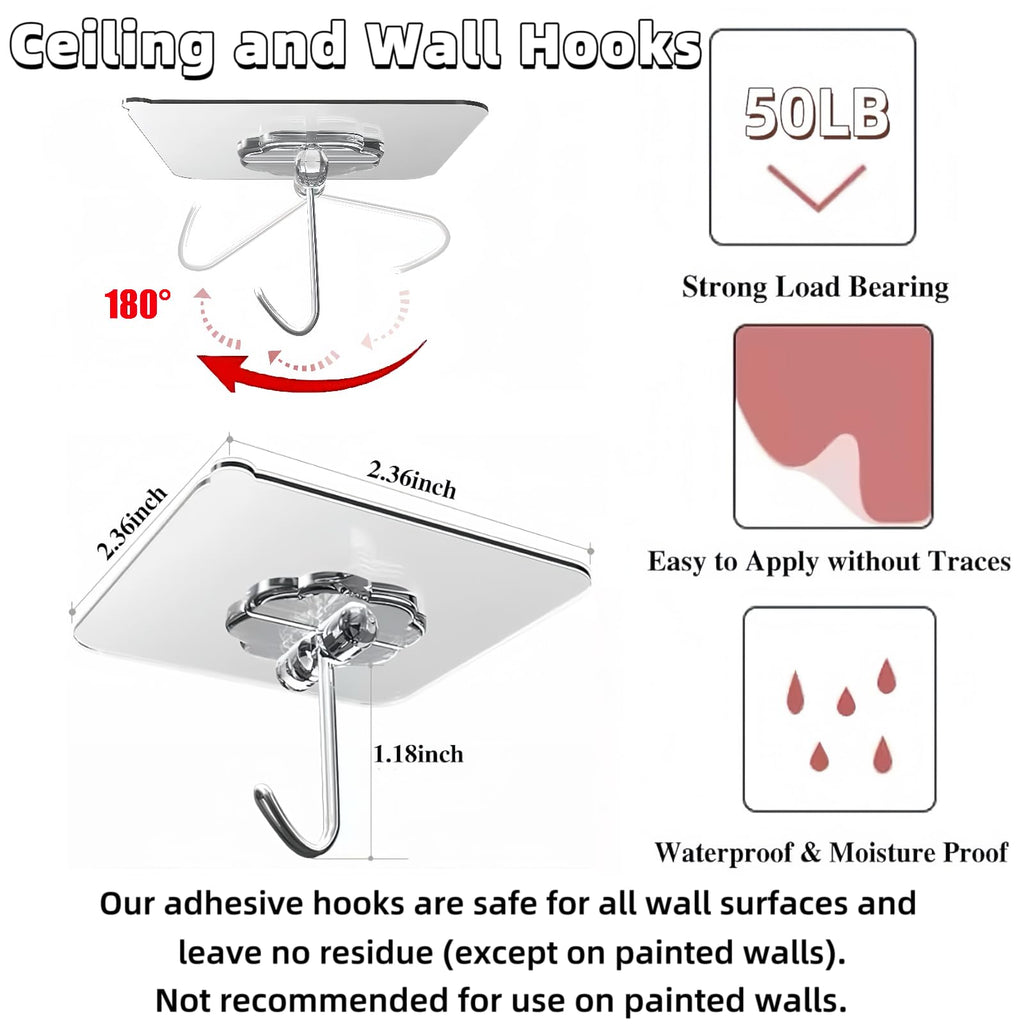 DDMY Adhesive Wall Hooks Clear 50lb(Max) Heavy Duty Hanging Sticky-10 Pack