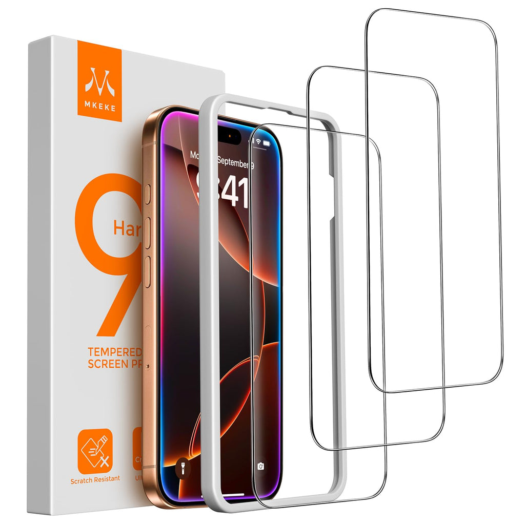 Mkeke Screen Protector for iPhone 17 Pro, 3 Pack 9H+ Tempered Glass