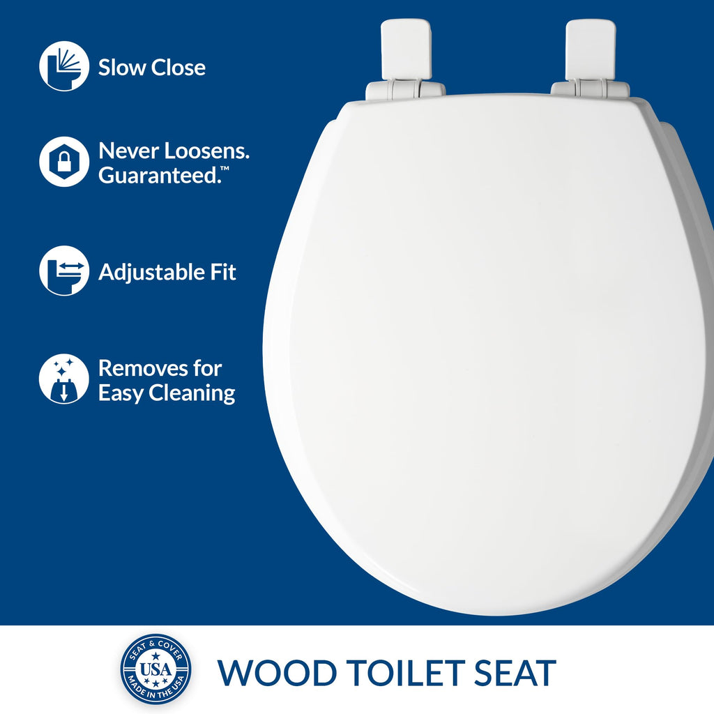 Mayfair Cassel slow close toilet seat, easy clean non-slip premium wood seat, install, made in USA, elongated, white