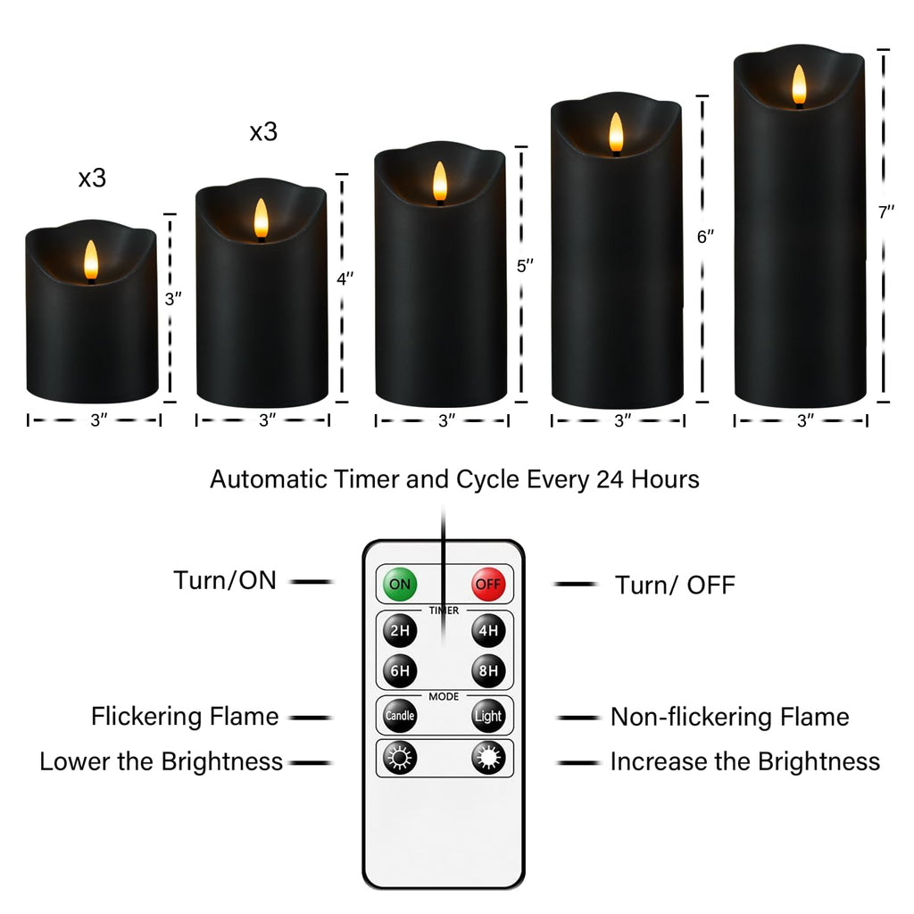 Nimiko Flameless Candles with Remote, Battery Operated Flickering Flameless Candles, LED Candles with Timer 2/4/6/8H, Realistic Drop Wax flameless Candle Set of 9 (D3 x H 3" 4" 5" 6" 7") (Black)