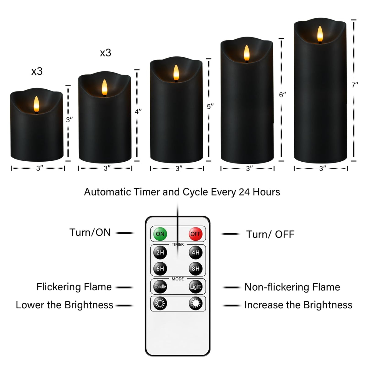 Nimiko Flameless Candles with Remote, Battery Operated Flickering Flameless Candles, LED Candles with Timer 2/4/6/8H, Realistic Drop Wax flameless Candle Set of 9 (D3 x H 3" 4" 5" 6" 7") (Black)