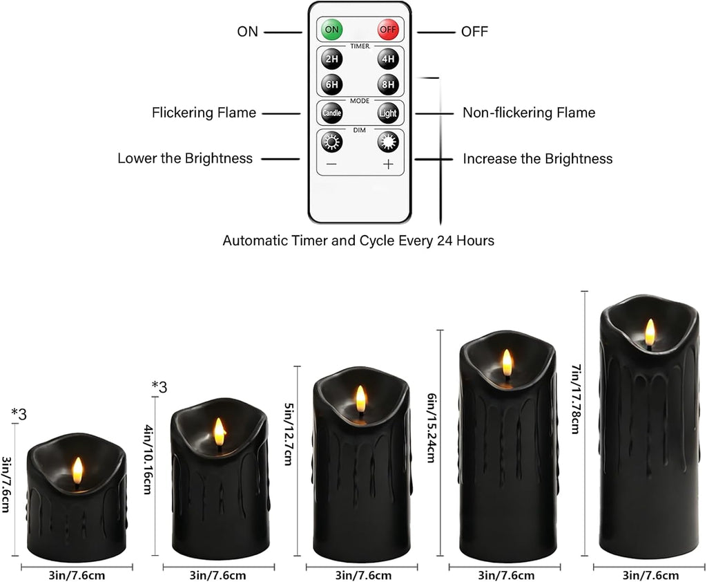 Nimiko Flameless Candles with Remote, Battery Operated Flickering Flameless Candles, LED Candles with Timer 2/4/6/8H, Realistic Drop Wax flameless Candle Set of 9 (D3 x H 3" 4" 5" 6" 7") (Black)