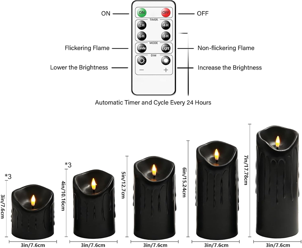 Nimiko Flameless Candles with Remote, Battery Operated Flickering Flameless Candles, LED Candles with Timer 2/4/6/8H, Realistic Drop Wax flameless Candle Set of 9 (D3 x H 3" 4" 5" 6" 7") (Black)