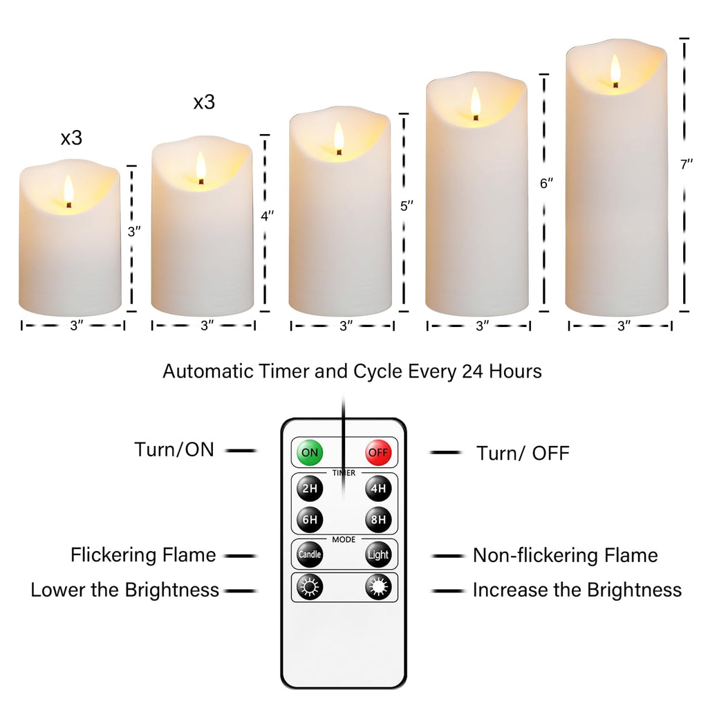 Nimiko Flameless Candles with Remote, Battery Operated Flickering Flameless Candles, LED Candles with Timer 2/4/6/8H, Realistic Drop Wax flameless Candle Set of 9 (D3 x H 3" 4" 5" 6" 7") (Black)