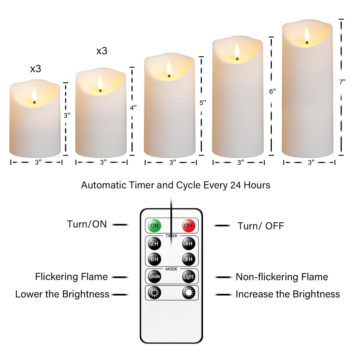 Nimiko Flameless Candles with Remote, Battery Operated Flickering Flameless Candles, LED Candles with Timer 2/4/6/8H, Realistic Drop Wax flameless Candle Set of 9 (D3 x H 3" 4" 5" 6" 7") (Black)