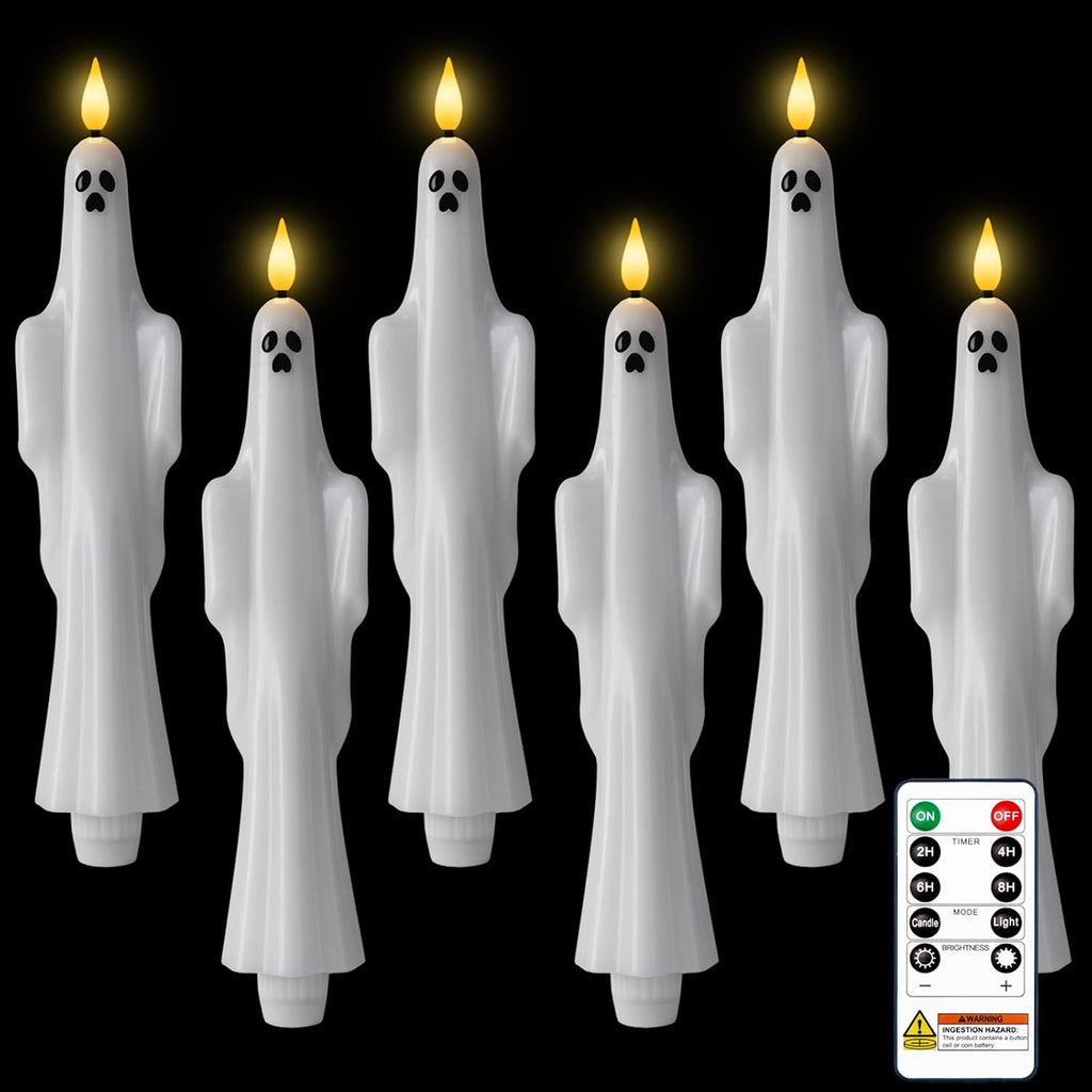 Homemory 6 Pcs Real Wax Ghost Flameless Taper Candles, 3D Wick Flickering Led Candlesticks 9.6 Inch Battery Operated with Remote & Timer, Spooky Halloween Gothic Indoor Decor