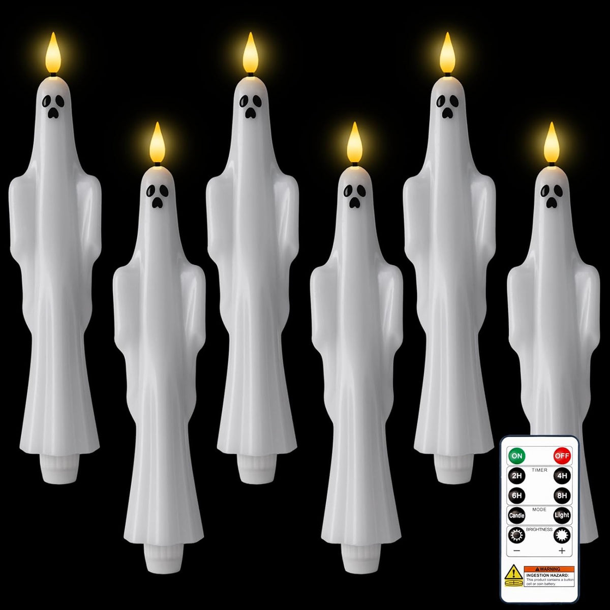 Homemory 6 Pcs Real Wax Ghost Flameless Taper Candles, 3D Wick Flickering Led Candlesticks 9.6 Inch Battery Operated with Remote & Timer, Spooky Halloween Gothic Indoor Decor