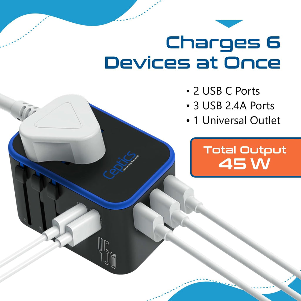 Ceptics 2 in 1 UK Adapters for Travel, Dual USA Input, Grounded, Pack of 3