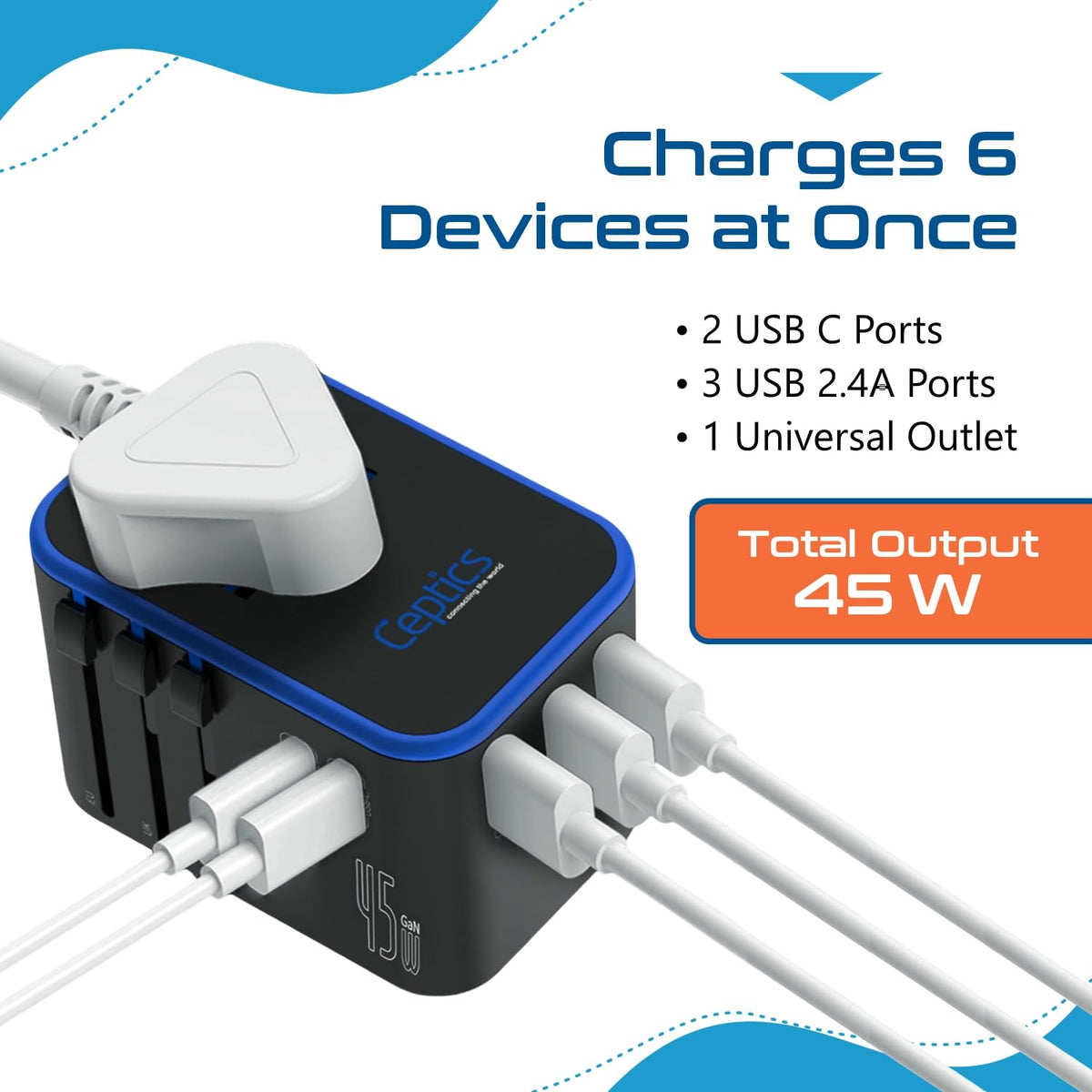 Ceptics 2 in 1 UK Adapters for Travel, Dual USA Input, Grounded, Pack of 3
