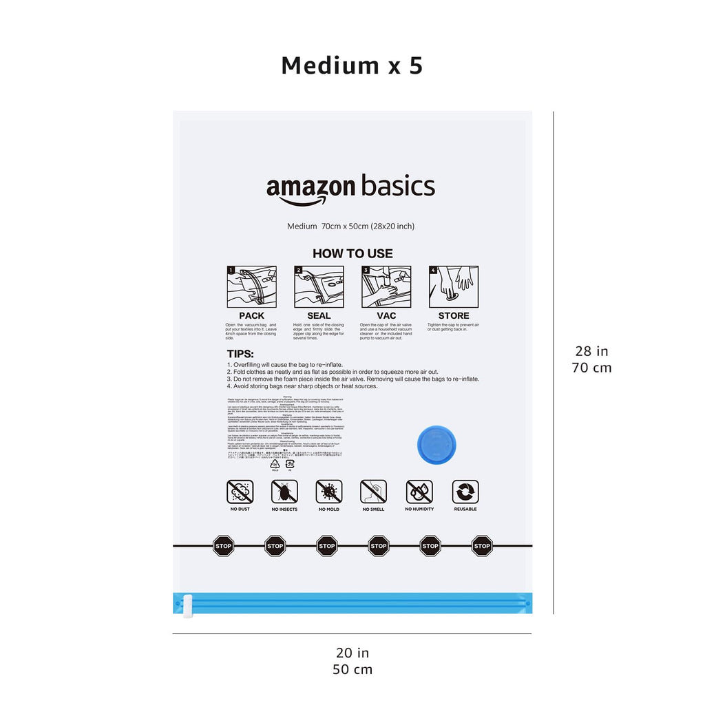 Amazon Basics Vacuum Storage Bags for Clothes, Space Saving Compression Storage Bags with Hand Pump, Heavy Duty, Stackable, Jumbo Size, Clear, 6-Pack