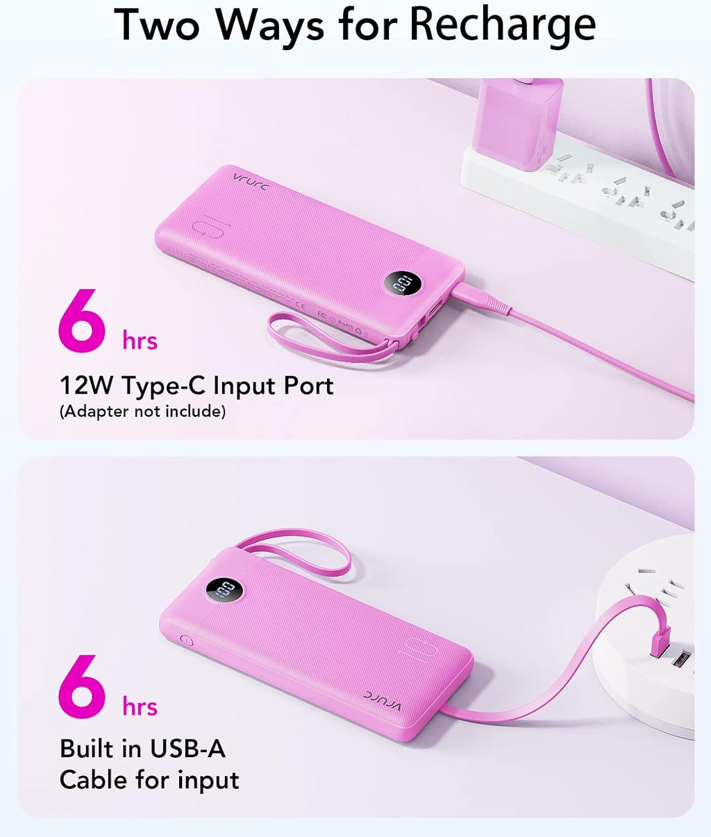 VRURC Portable Charger, Slim Power Bank Built-in 4 Cables, Travel Essential