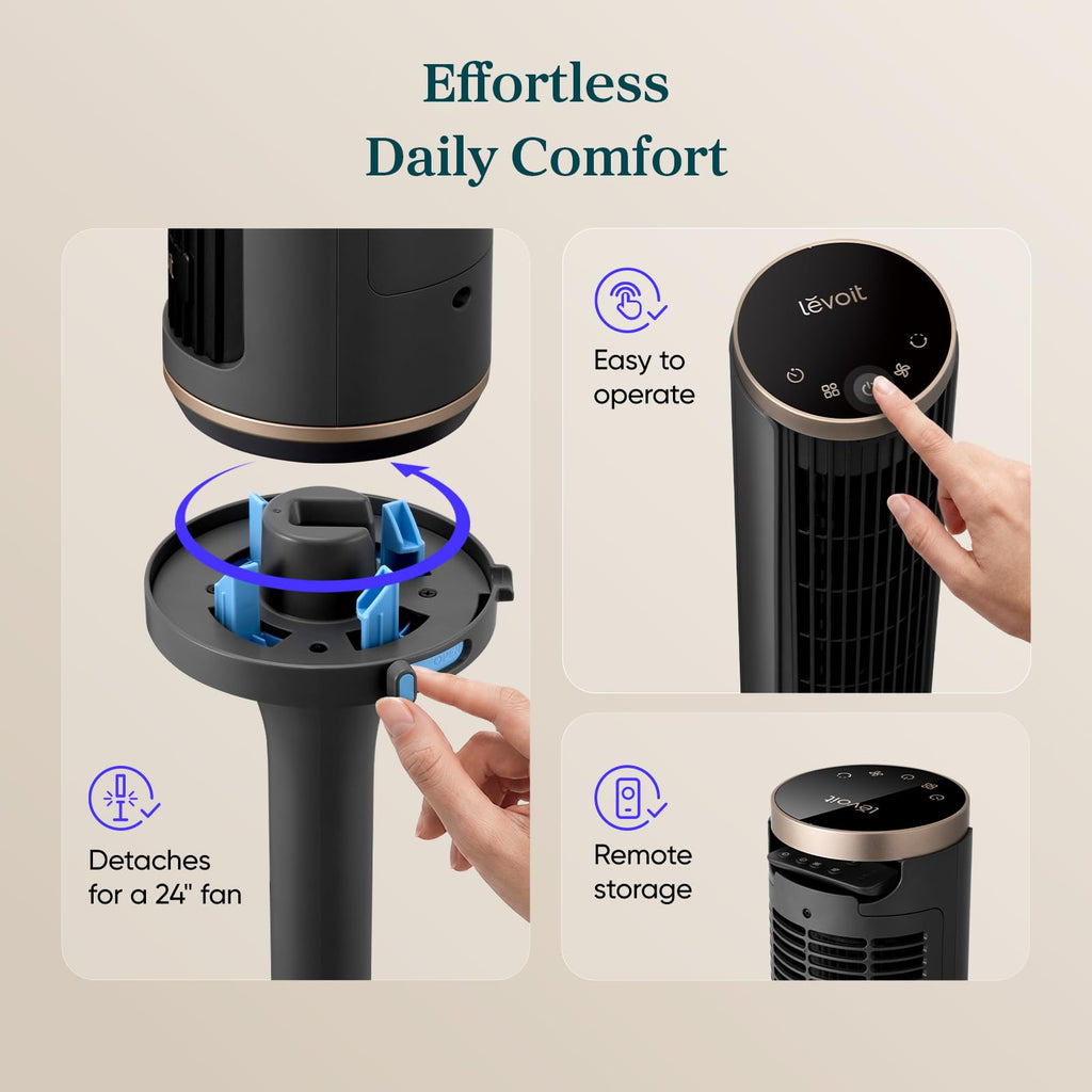 Levoit Tower Fan for Bedroom, 20dB Quiet Desk Fan, Easy to Carry & Plug-in