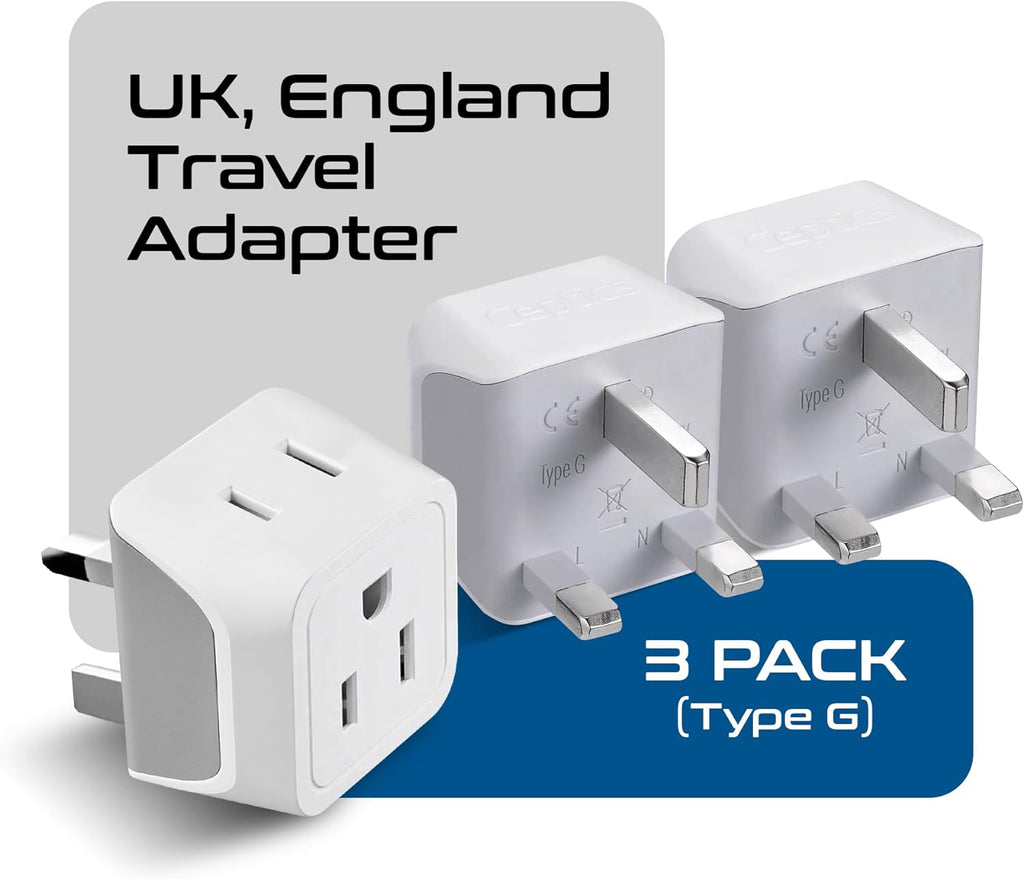 Ceptics 2 in 1 UK Adapters for Travel, Dual USA Input, Grounded, Pack of 3