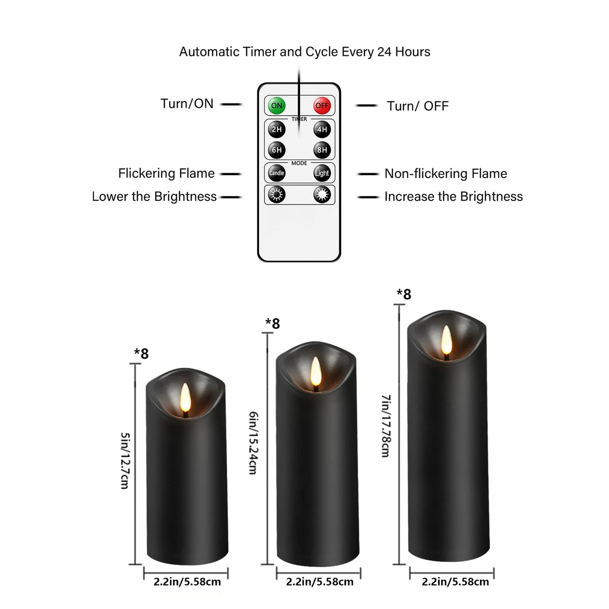 Nimiko Flameless Candles with Remote, Battery Operated Flickering Flameless Candles, LED Candles with Timer 2/4/6/8H, Realistic Drop Wax flameless Candle Set of 9 (D3 x H 3" 4" 5" 6" 7") (Black)