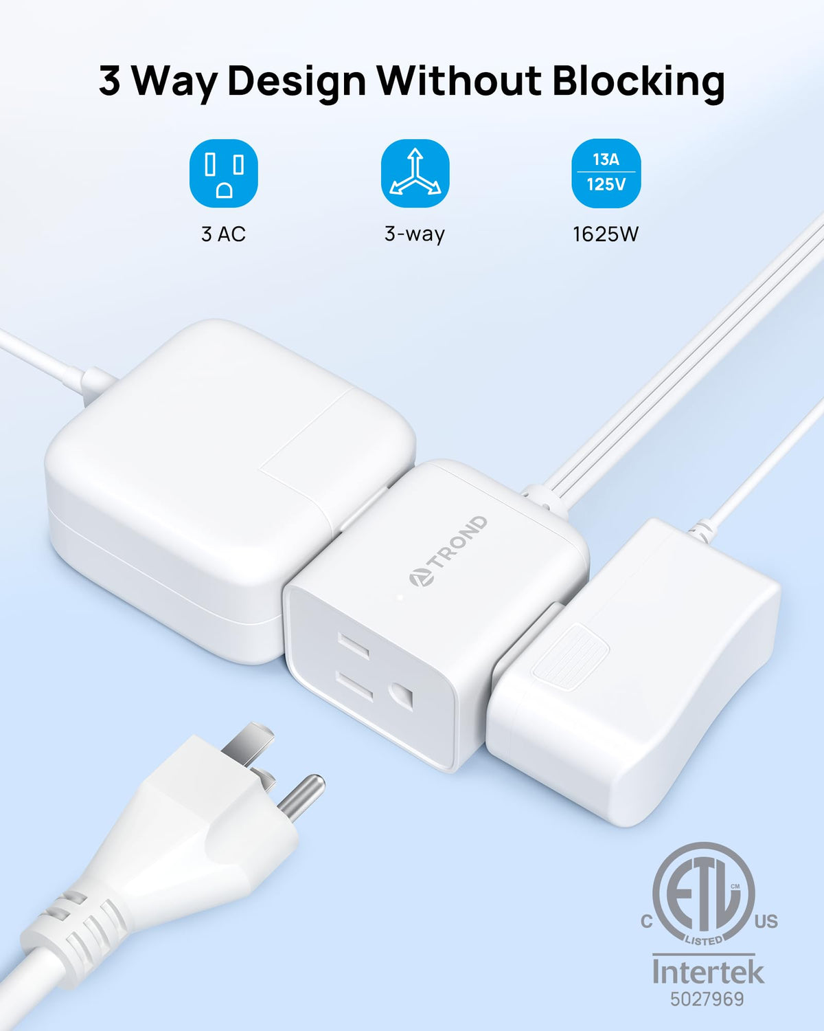 TROND Rightward Flat Plug Extension Cord 6ft for Small Tight Spaces, White