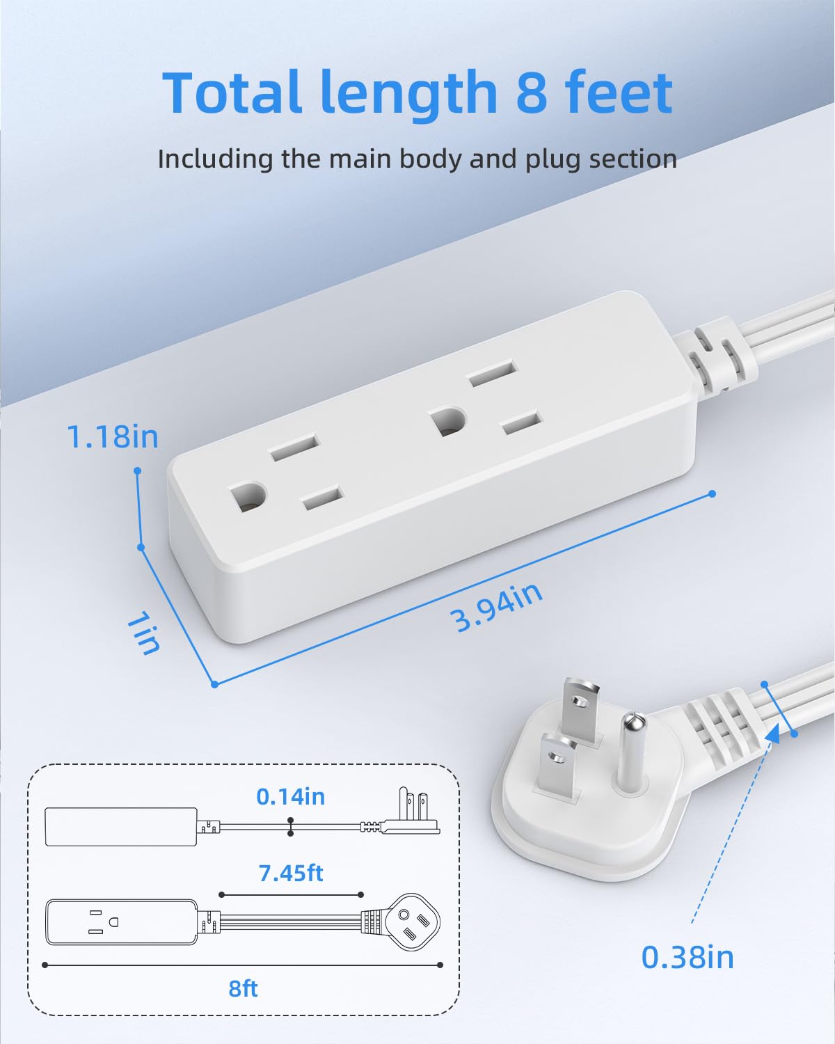 Flat Plug Extension Cord with 3 Outlets - 6Ft Low Profile Indoor 3 Prong Grounded Power Strip for Home Office & Travel - 16 AWG 13A/1625W, Black
