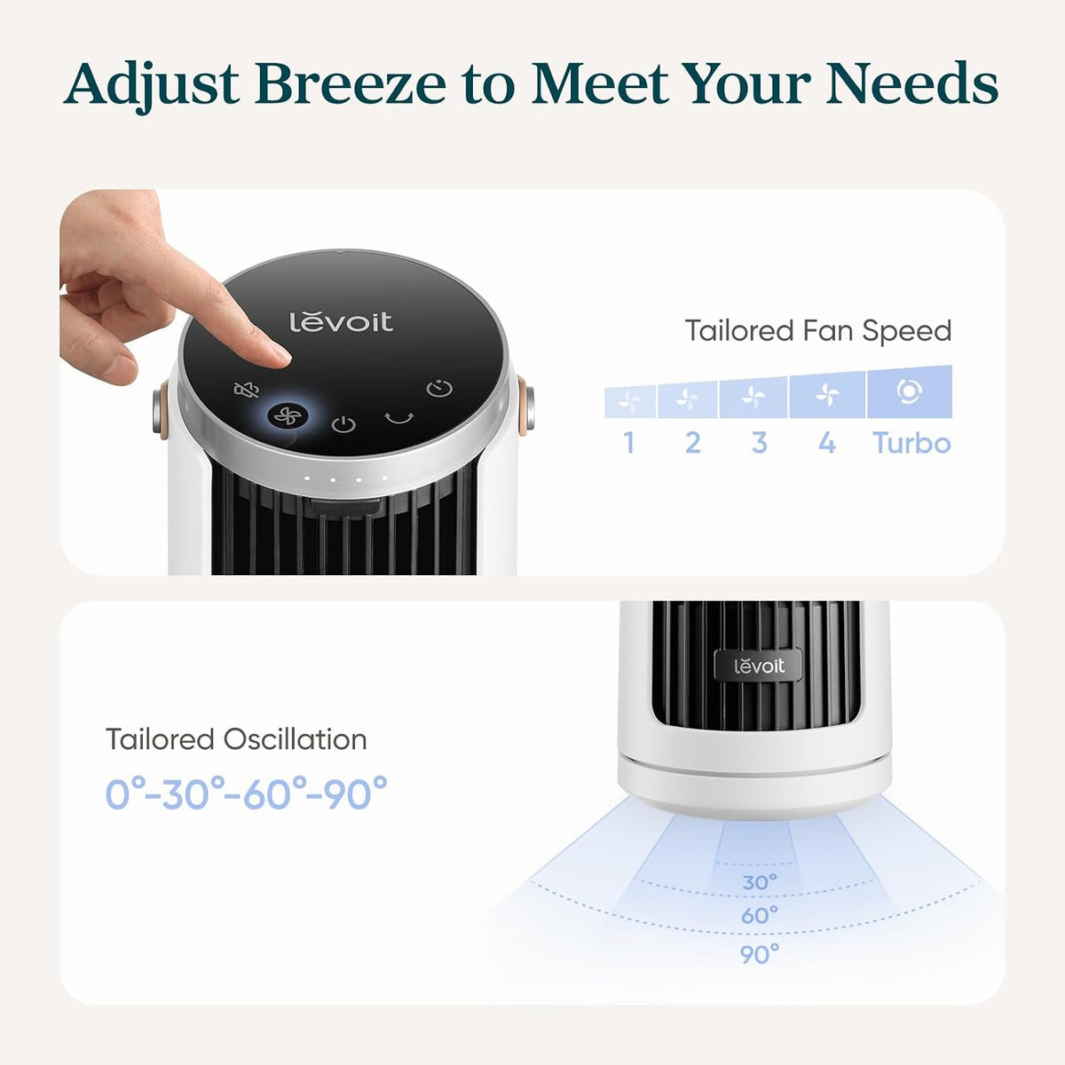 Levoit Tower Fan for Bedroom, 20dB Quiet Desk Fan, Easy to Carry & Plug-in
