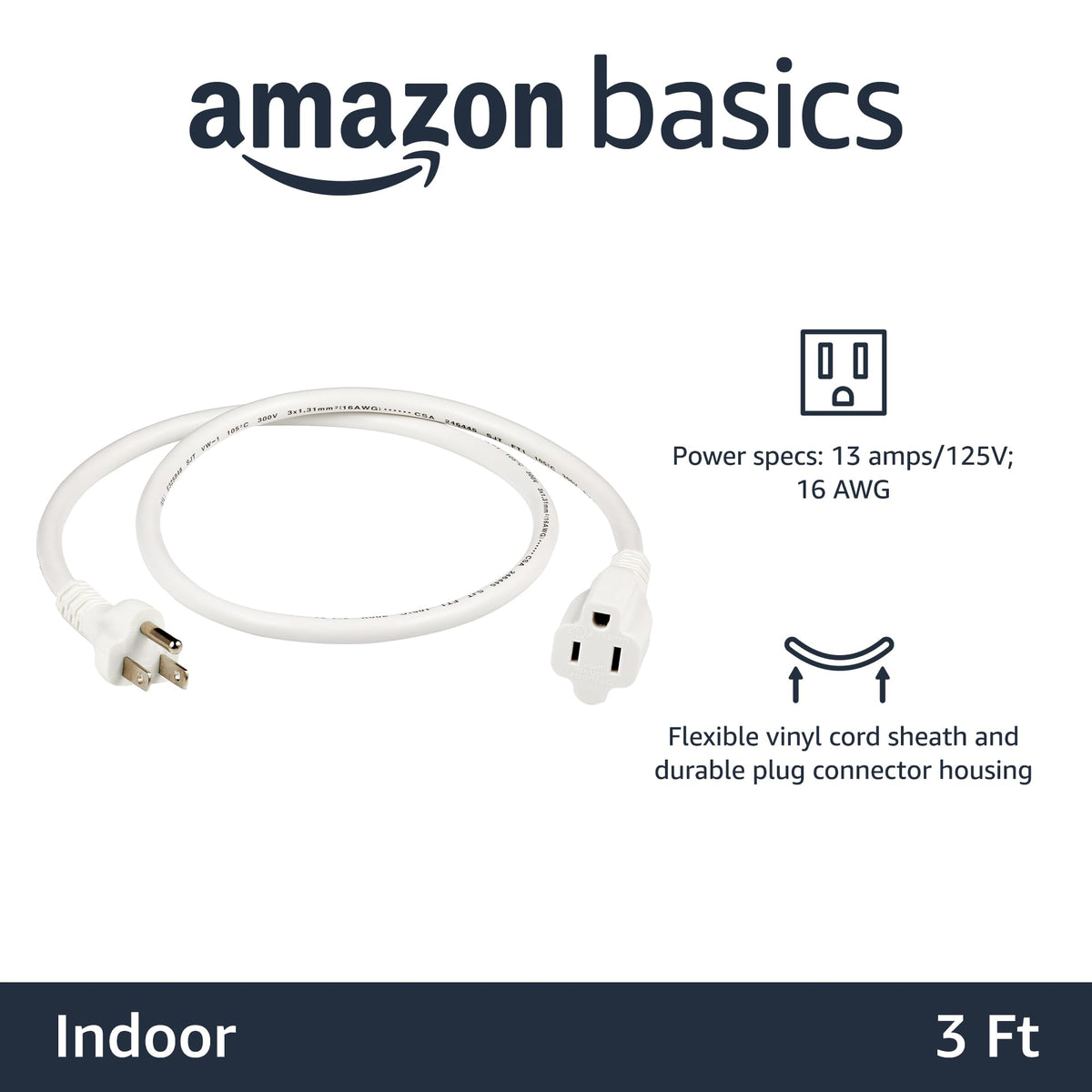 Amazon Basics Extension Cord, 3 Prong Outlet Extender, Indoor Power Cord, 13 Amps, 125V, 6 Ft, Black