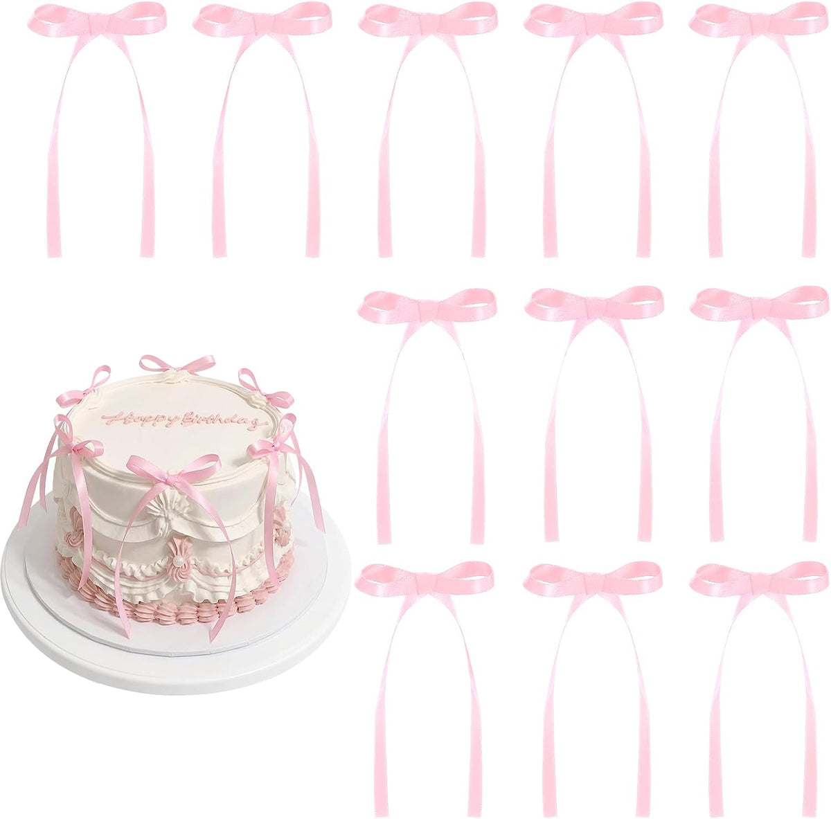 30 Pack Bow Cake Toppers Pink Ribbon Bows for Cake Back to School Decor
