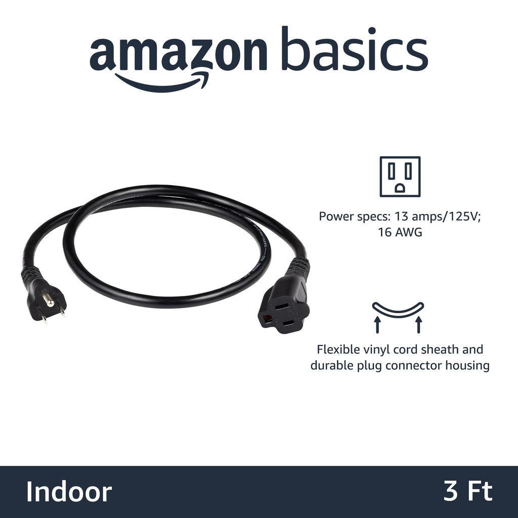 Amazon Basics Extension Cord, 3 Prong Outlet Extender, Indoor Power Cord, 13 Amps, 125V, 6 Ft, Black