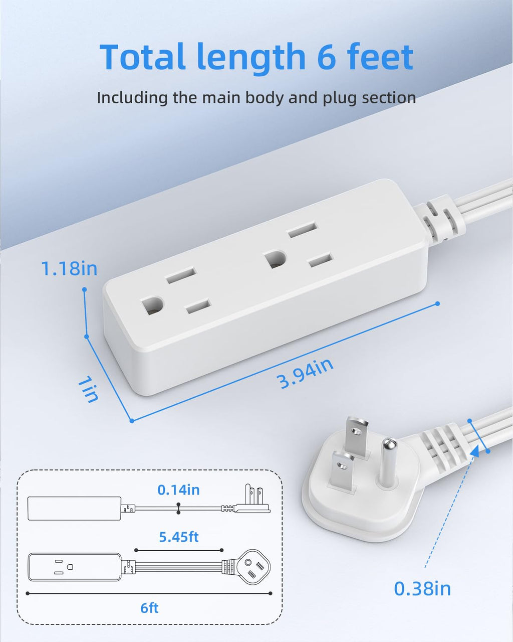 Flat Plug Extension Cord with 3 Outlets - 6Ft Low Profile Indoor 3 Prong Grounded Power Strip for Home Office & Travel - 16 AWG 13A/1625W, Black