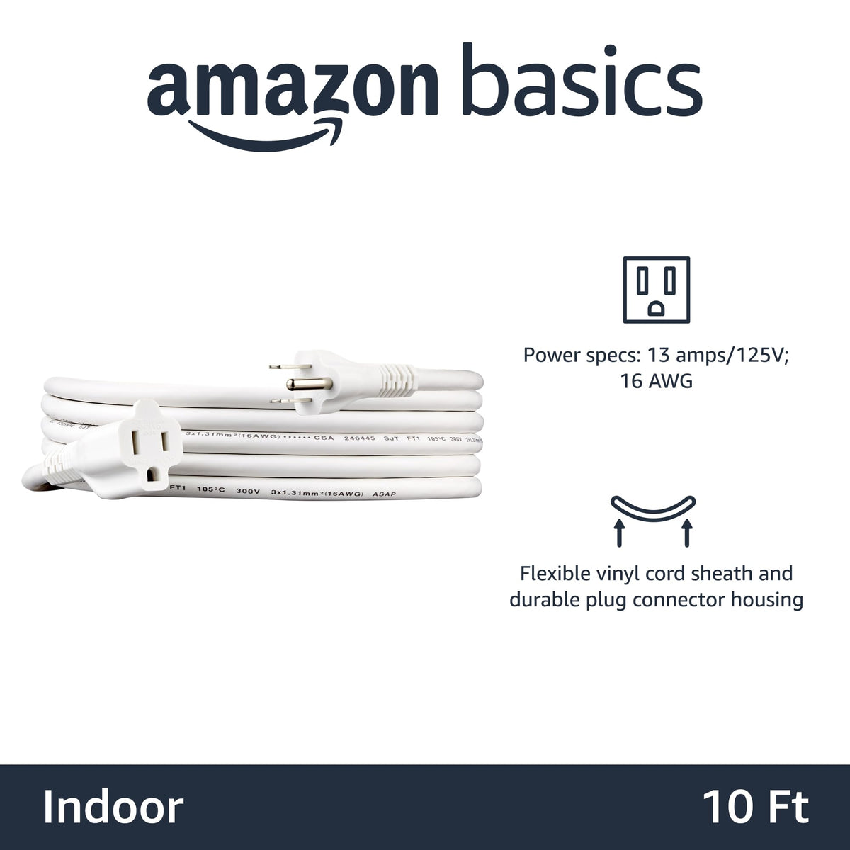 Amazon Basics Extension Cord, 3 Prong Outlet Extender, Indoor Power Cord, 13 Amps, 125V, 6 Ft, Black