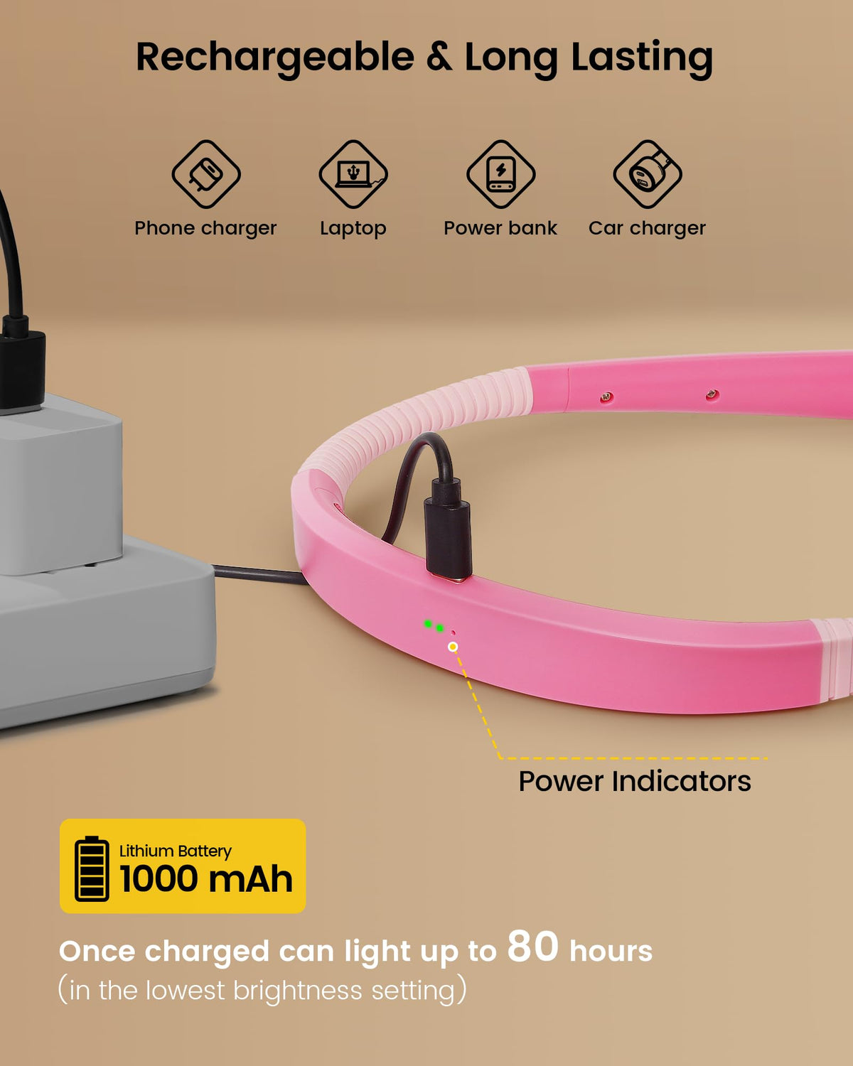 Glocusent Reading Light,Pink Neck Light,80-hr Rechargeable Book Light