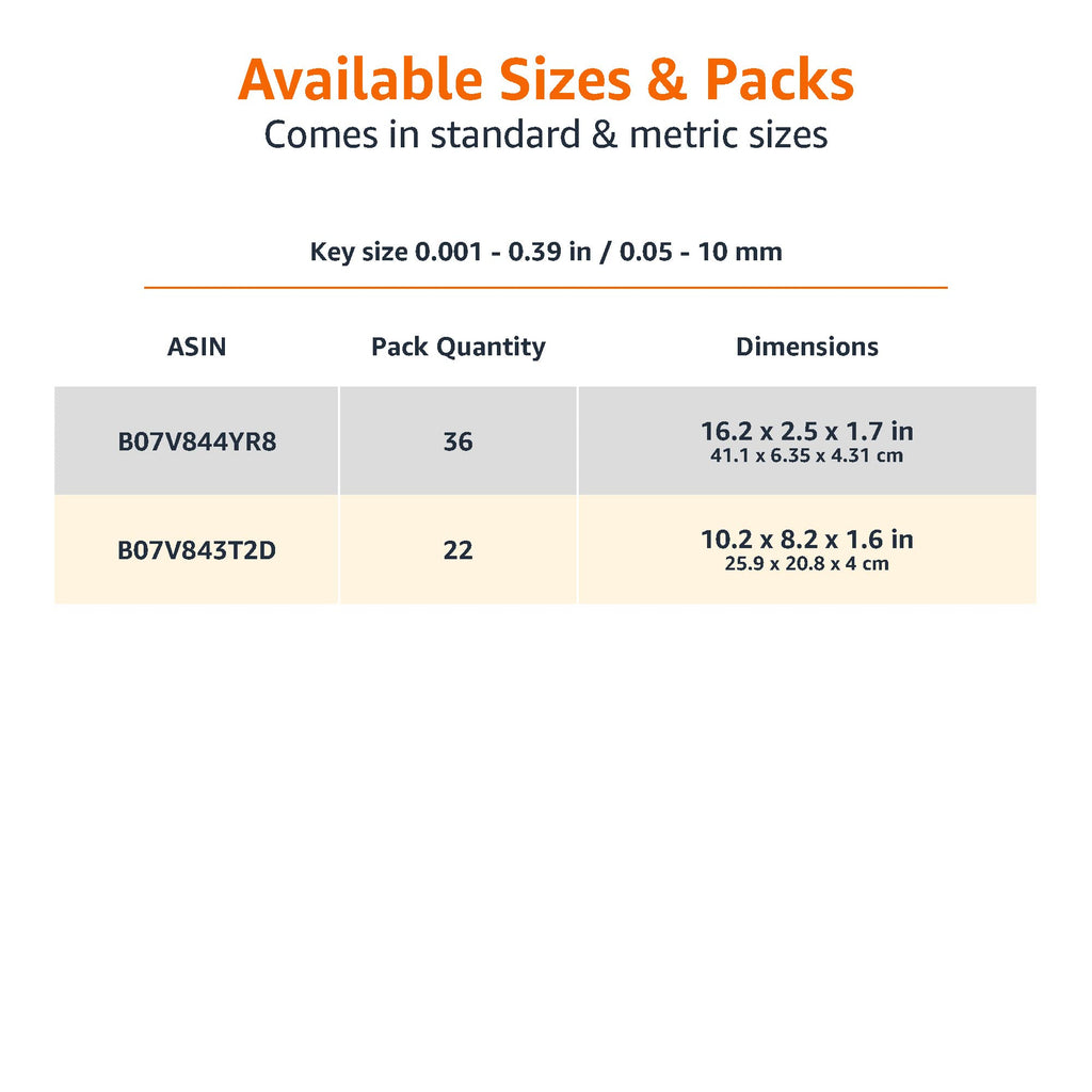 Amazon Basics 36-Piece Allen Wrench/Hex Key Set, SAE & Metric Sizes, Chrome Vanadium Steel with Long Arm, 2 Organized Storage Cases