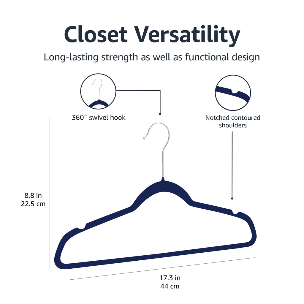 Amazon Basics Slim Velvet Non-Slip Space Saving Suit Clothes Hangers, Sturdy Construction, Navy Blue/Rose Gold, 50-Pack