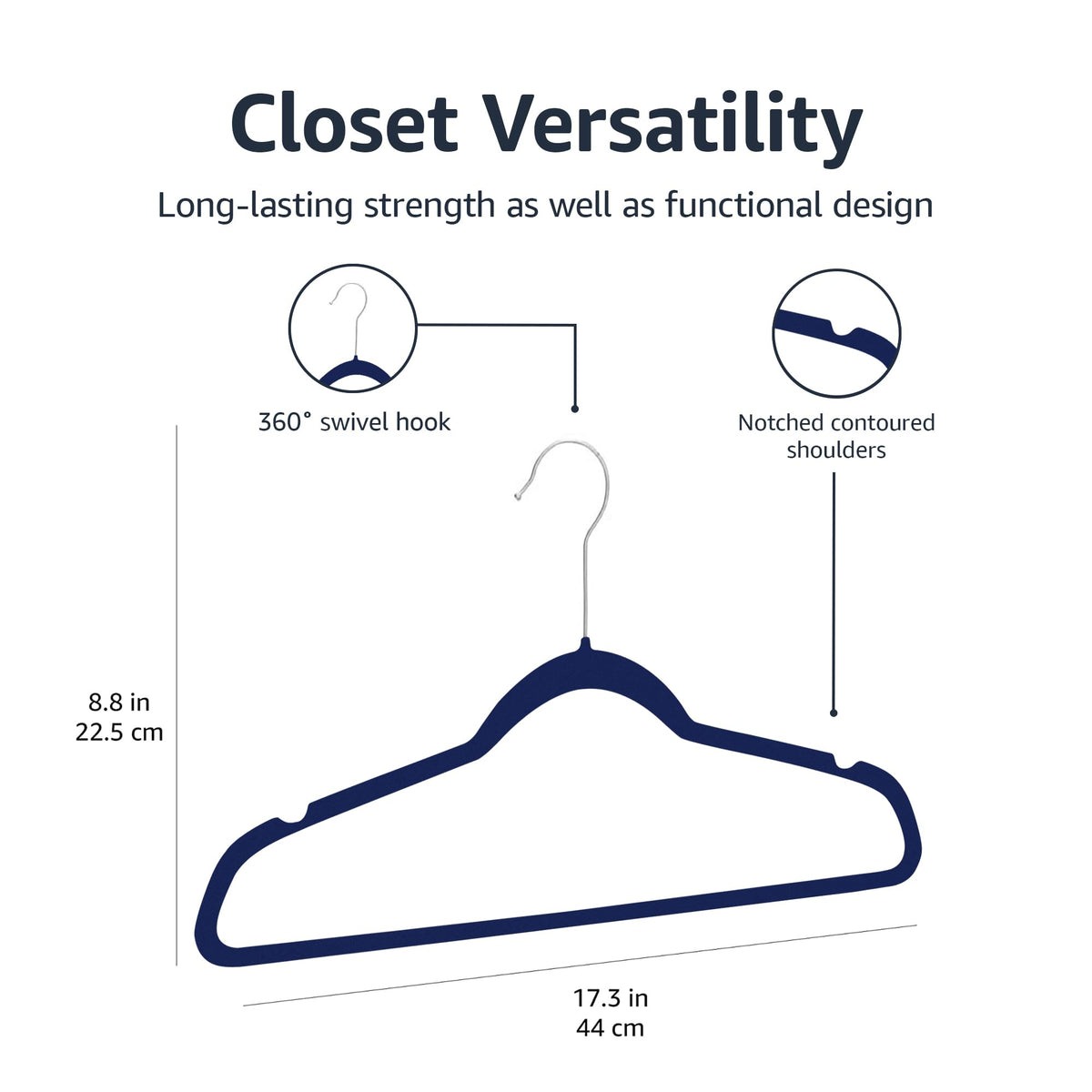 Amazon Basics Slim Velvet Non-Slip Space Saving Suit Clothes Hangers, Sturdy Construction, Navy Blue/Rose Gold, 50-Pack
