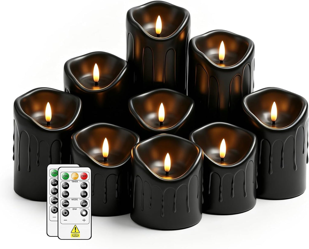 Nimiko Flameless Candles with Remote, Battery Operated Flickering Flameless Candles, LED Candles with Timer 2/4/6/8H, Realistic Drop Wax flameless Candle Set of 9 (D3 x H 3" 4" 5" 6" 7") (Black)