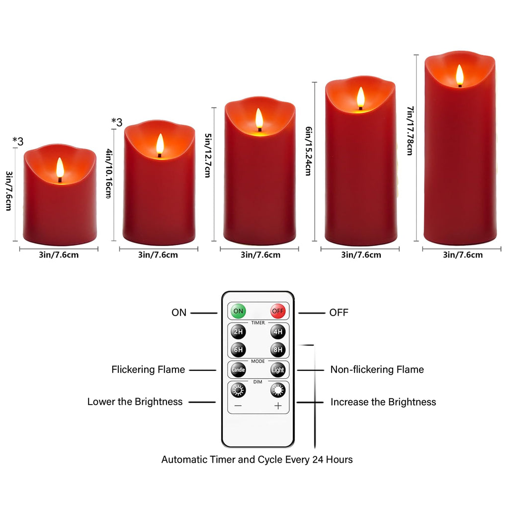 Nimiko Flameless Candles with Remote, Battery Operated Flickering Flameless Candles, LED Candles with Timer 2/4/6/8H, Realistic Drop Wax flameless Candle Set of 9 (D3 x H 3" 4" 5" 6" 7") (Black)